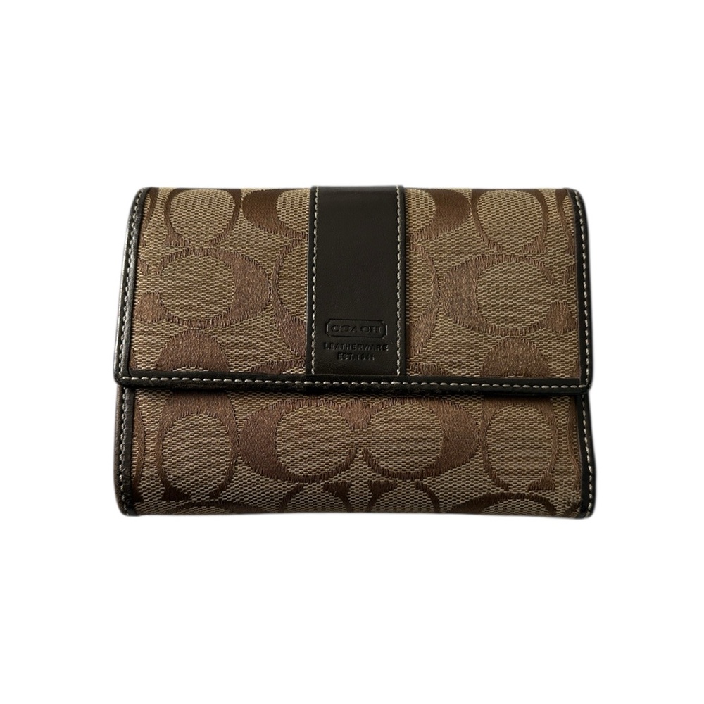COACH EUC Brown and Tan Signature C Jacquard Trifold Wallet